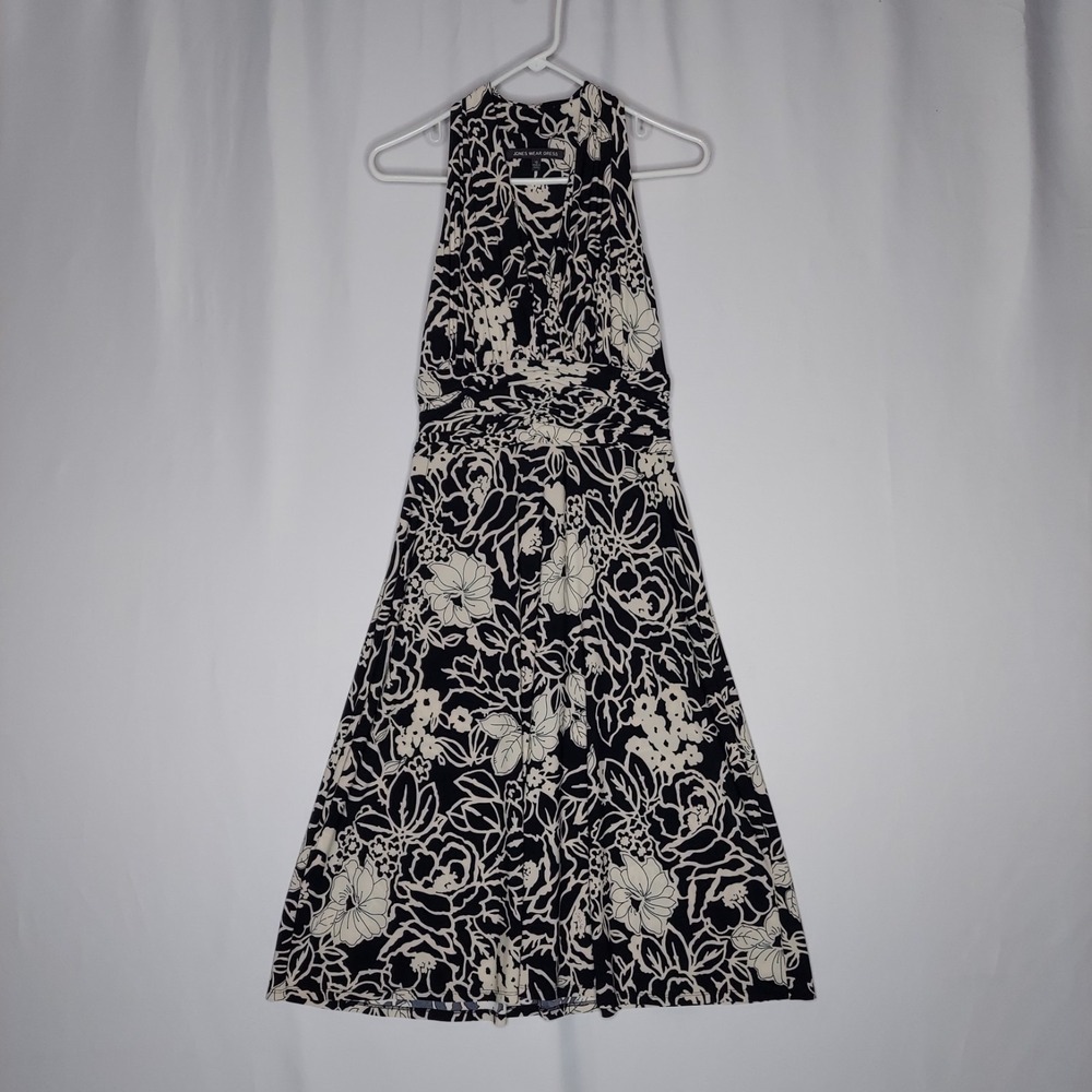 Jones Wear Dress 10 Midi Halter VNeck Ruched‎ Empire Floral Old Money Monochrome